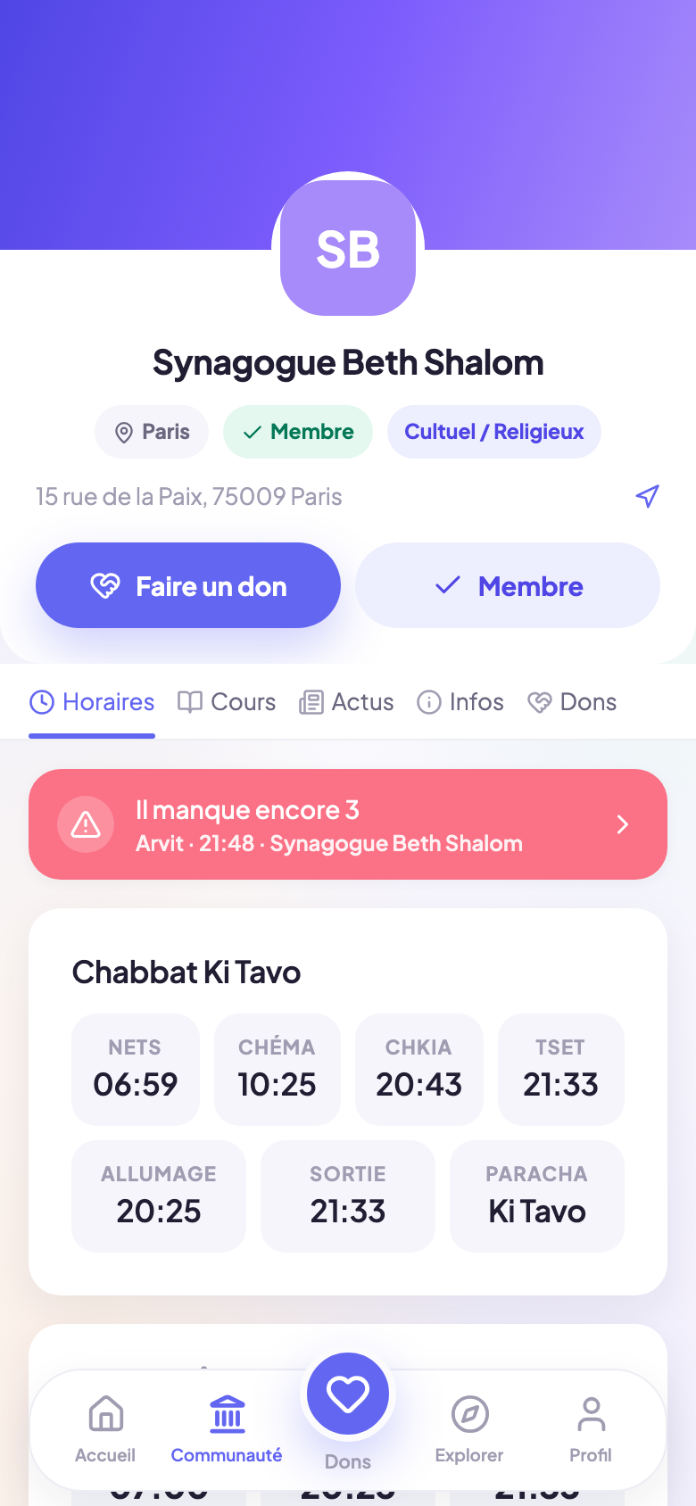 Horaires des offices de la semaine dans l'application CerfApp
