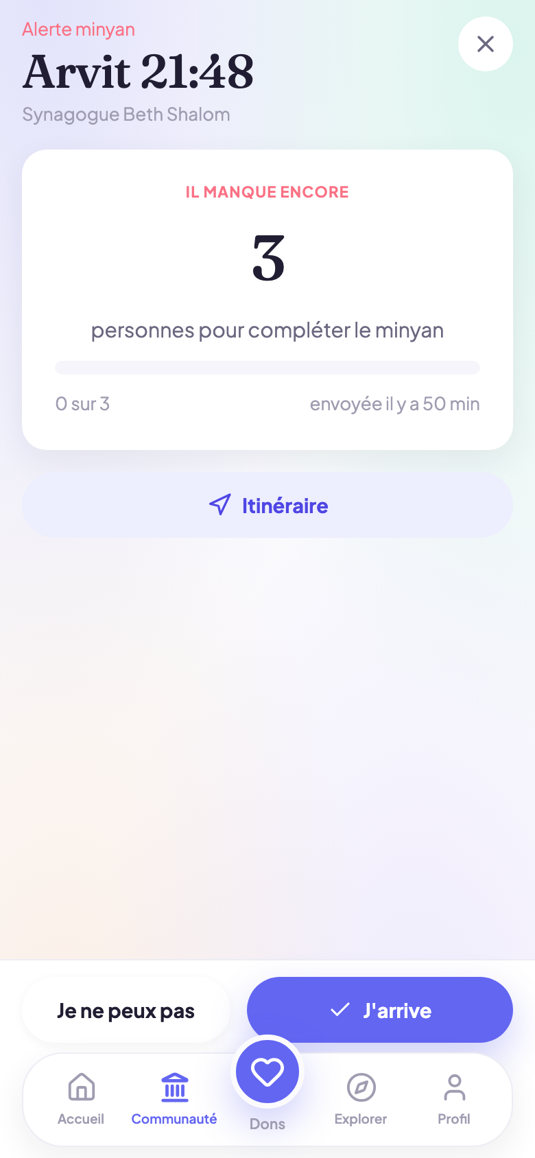 Alerte minyan en cours : compteur de présents et bouton « je viens »