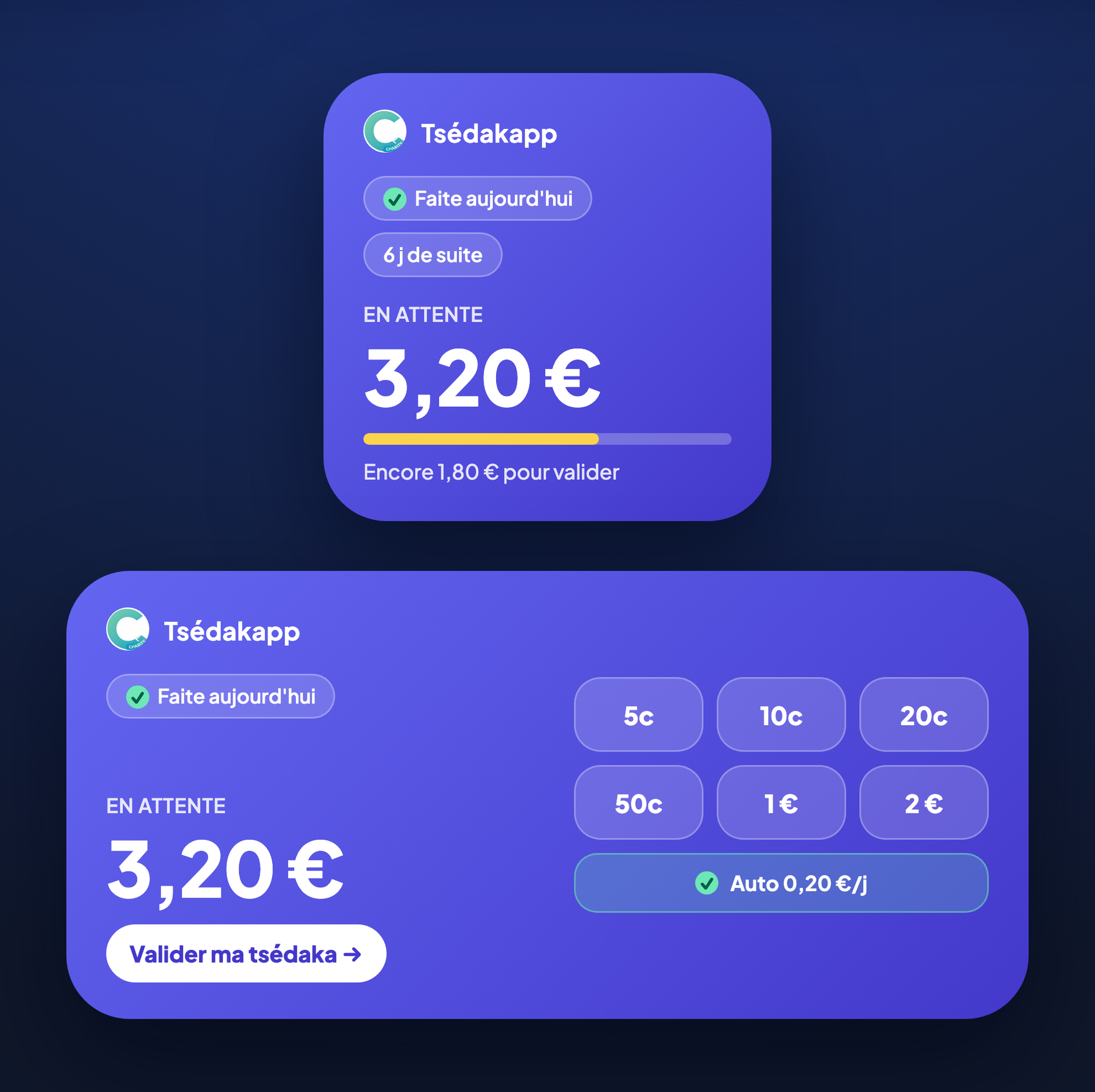 Widget Tsédakapp : montant en attente, série de jours, pièces de 5 centimes à 2 euros et bascule automatique